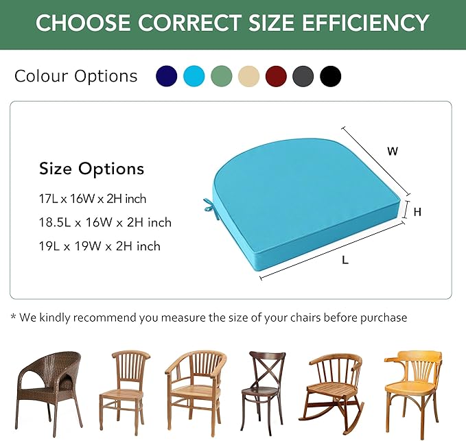 Outdoor Chair Cushions Set of 2: Waterproof & Fade Resistant Patio Furniture Cushions - 19 x 19 x 2 Inch Non Slip Round Corner Seat Cushion Pads with Removable Cover for Garden Yard Lawn, Teal