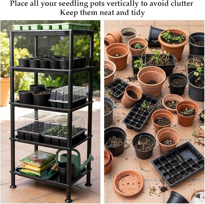 5-Tier Seed Starter Trays Plant Stand, with Bottom-Watering Design– Reinforced Thickened Shelf for Small Pots, Balcony/Indoor Seed Starting & Greenhouse, Black