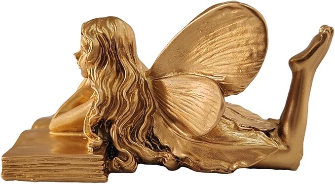 Fairy Figurines - Golden Fairy Reading Statue for Garden, Home Decor, Small Outdoor Angel Figurines, Unique Gift Idea