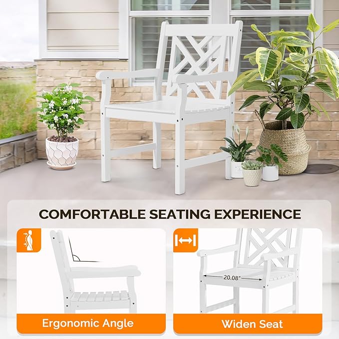VINGLI Outdoor Dining Chairs Set of 4, Heavy Duty 330 LBS Wooden Patio Chairs with Comfortable Backrest, Solid Wood Patio Dining Chairs Garden Chairs for Yard, Front Porch and Deck (White, 4 PCS)