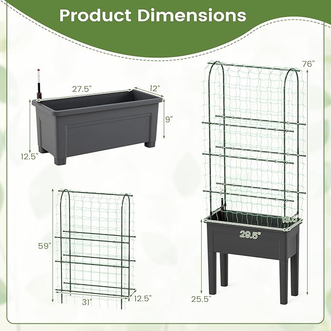 Giantex Raised Garden Bed with Legs & Trellis for Climbing Plants, Self-Watering Planter Box w/Water Level Gauge, for Vine Flower Herb Vegetable (29.5"x13.5"x76")