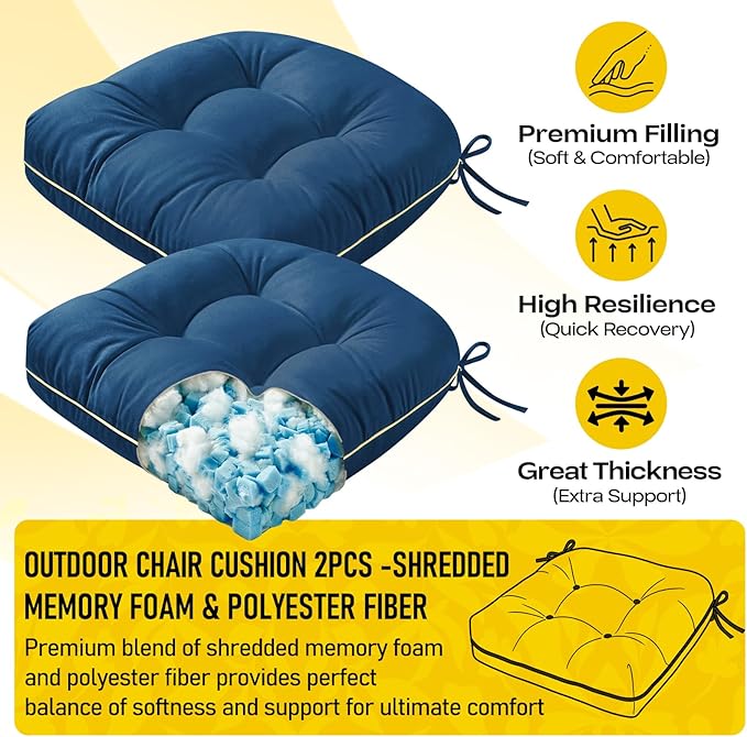 Outdoor Chair Cushions Set of 2, Outdoor Cushions for Patio Furniture and Wicker Chair, Memory Foam Patio Seat Cushion Pads with Ties, 19 x 19 Inch (Blue)