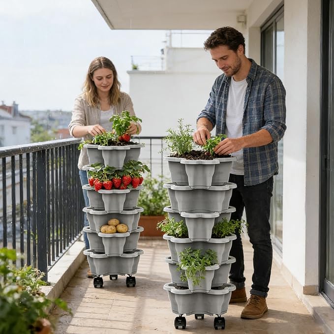 Vertical Planter 6 Tier Stackable Planter Garden Pots, Strawberry Vertical Pots, Stacking Tower Garden, Stackable Herb Flower Vegetable FlowerPots Indoor Outdoor with Removable Wheels