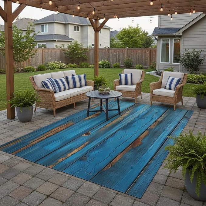 Retro Blue Woodern Board Printed 7x9 Outdoor Rugs for Patio Deck Backyard Porch Garden Modern Natural Rustic Wood Grain Non Slip Thin Indoor Outdoor Area Rug Floor Carpet Waterproof Camping Mats
