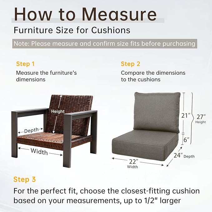Belord Luxury 6" Thick Outdoor Cushion 8 Set - 22 x24 Inch 28D Sponge Filling Fade-Resistant Chair Cushion, Spill Proof Removable Patio Furniture Replacement Cushion for Sofa Bench Swing - Grey