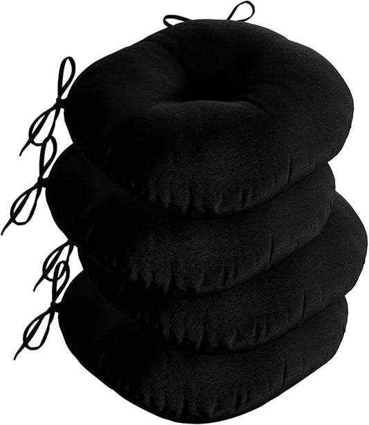 downluxe Bistro Chair Cushions for Patio Furniture, Water-Resistant Round Outdoor Chair Cushions Set of 4 with Non-Slip Ties, 15" x 15", Black