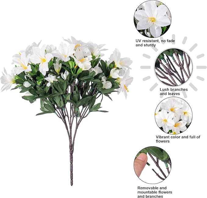 INSPRING Artificial Fake Spring Flowers for Outdoors Decoration, 3 Bundles Faux Azalea Plants Flower Look Real UV Resistant Silk Flowers for Outside Planters Patio Porch Garden Yard Window Home, White