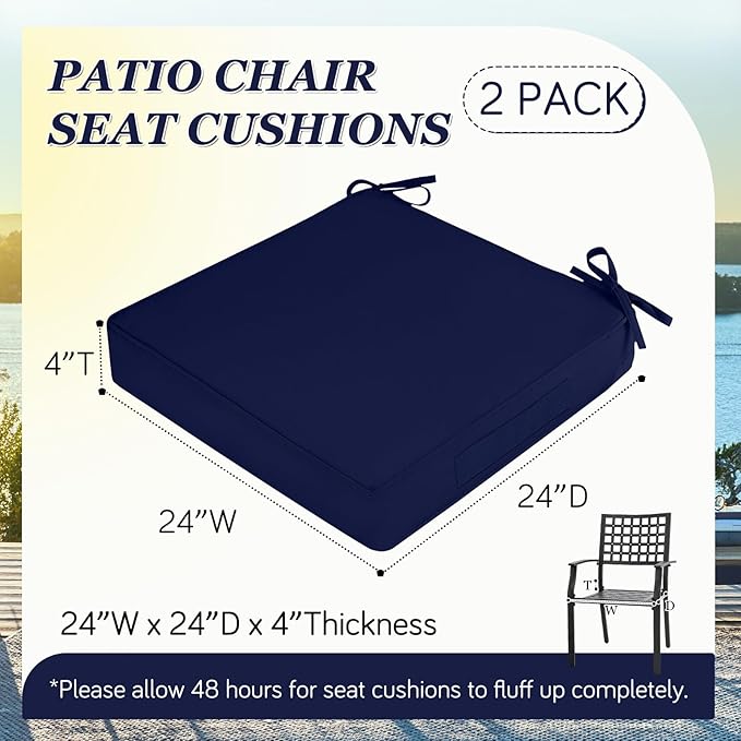 Waterproof Outdoor Chair Cushions Set of 2, Square Outdoor Seat Cushions with Ties and Removable Covers, 24 x 24 Outdoor Cushions for Patio Furniture with Portable Handle(Navy)