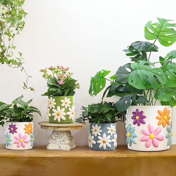 GUGUGO 8 Inch Daisy Planters, Decorative Large Plant Pots with Drainage Holes, Funny Unique Flower Pot for Indoor Plants, Colorful Gardening Pot for Boho Modern Home Décor, White