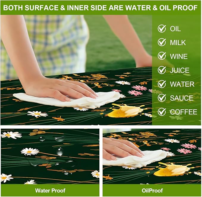 Picnic Table Cover with Bench Covers Set of 3 - Vintage Floral White Flowers on Dark Background, Elastic Fitted Tablecloth for 6 Ft Tables, Washable Polyester Cover for Patio, Indoor & Outdoor