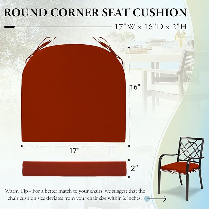 Wellsin Outdoor Chair Cushions for Patio Furniture - Patio Chair Cushions Set of 4 - Water Resistant Round Corner Outdoor Seat Cushions 17"X16"X2", Brick Red