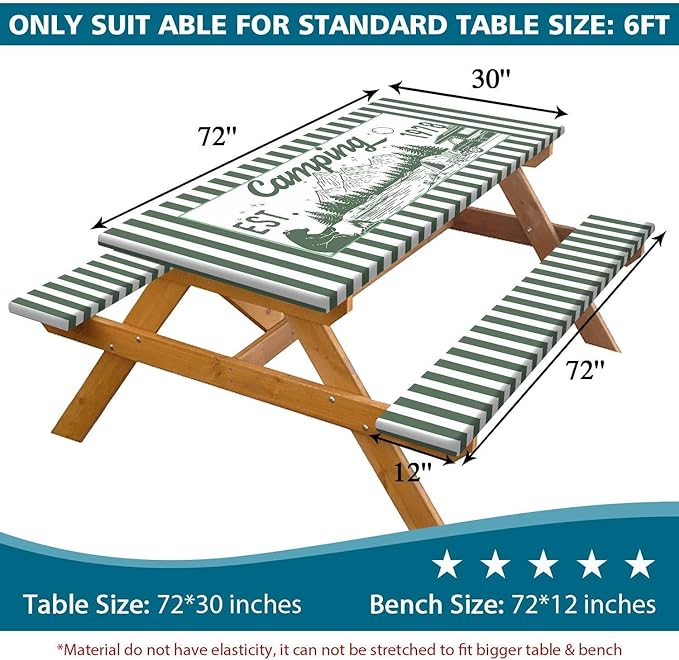 3PCS Picnic Table Cover with Bench Covers Green Stripe Bear Pattern Camping Tablecloth Fitted Picnic Picnic Table Cover with Elastic Windproof Waterproof, Outdoor Camping Accessories 96IN