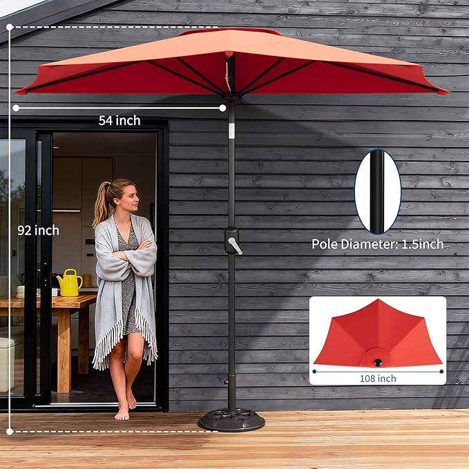 Garvee Patio Umbrella 9FT - Half Umbrella Outdoor with Smooth Crank Lift, Outdoor Shade Canopy for Patio, Backyard, Garden, Deck, Balcony -Red