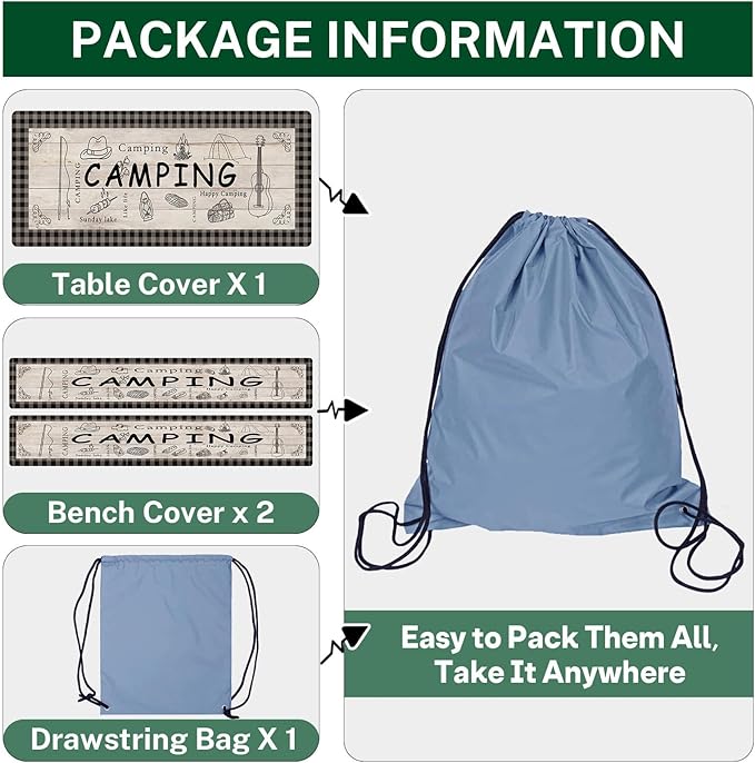 Picnic Table Cover with Bench Covers Elastic Edges, Blue Camper Fitted Table Cover, Outdoor Patio Camping Essentials 72 Inch 3PCS, Waterproof Camping Fitted Tablecloth with Drawstring Bag