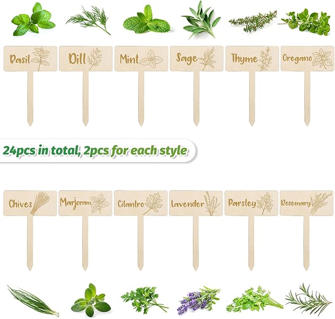 JarThenaAMCS 24Pcs Wooden Plant Label Signs 12 Styles Garden Herb Markers Wood T-Type Tags Reusable Plant Stake Tags with Names for Nursery Indoor Outdoor Garden Decor