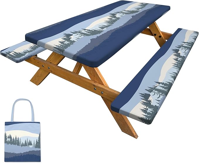 Picnic Table Cover with Bench Covers Camping Tablecloth with Storage Bag Windproof Waterproof Picnic Table Covers with Elastic for Camping