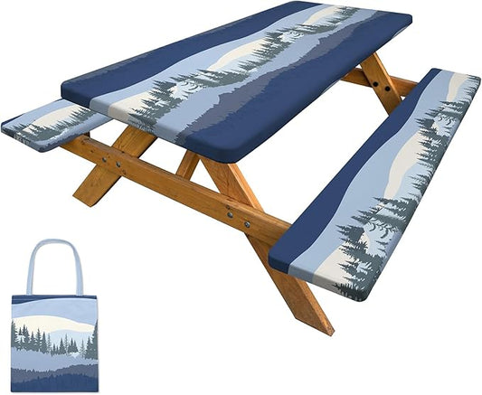 Picnic Table Cover with Bench Covers Camping Tablecloth with Storage Bag Windproof Waterproof Picnic Table Covers with Elastic for Camping