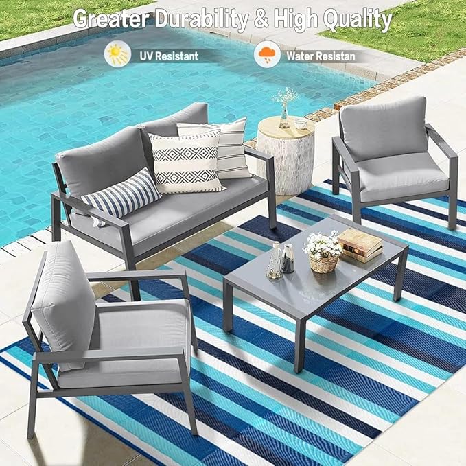 HUGEAR Outdoor Plastic Straw Rug, Waterproof Mat, Washable Large Floor Mat and Rug for Outdoors, RV, Beach, Patio, Camping, Backyard, Deck, Picnic, Indoor Outside (5x8ft,Stripe/Blue&White)