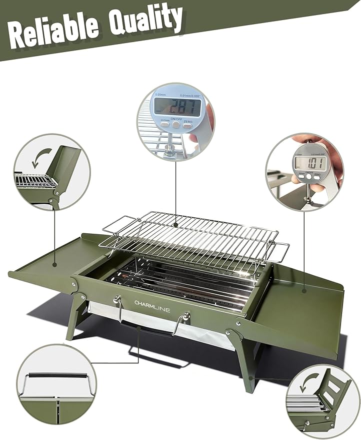 Charmline 15x11 inches Portable Charcoal Grill, Compact Portable BBQ Grill, Tabletop Charcoal Grills for Camping, Picnics, Gardens and Beach Parties, Green
