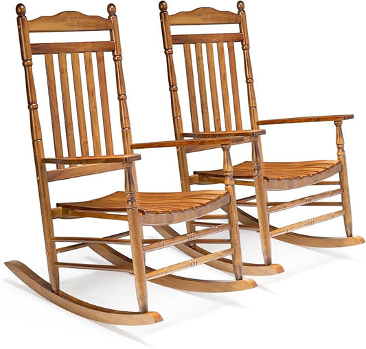 VINGLI Wooden Rocking Chair, Outdoor Chair with 450 lbs Support, Relaxing Rocker with Solid Wood High Back Seat Reclining Seat for Deck, Garden, Backyard, Porch, Indoor or Outdoor Use (Teak, 2PCS)