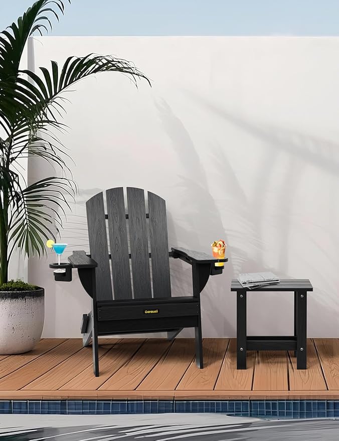 Folding Adirondack Chair, Wooden Textured Plastic Adirondack Chairs with 2 Cup Holder, Weather Resistant HDPE Fire Pit Chair, Outdoor Patio Chairs for Garden, Backyard, Lawn, Deck, 380LBS, Black