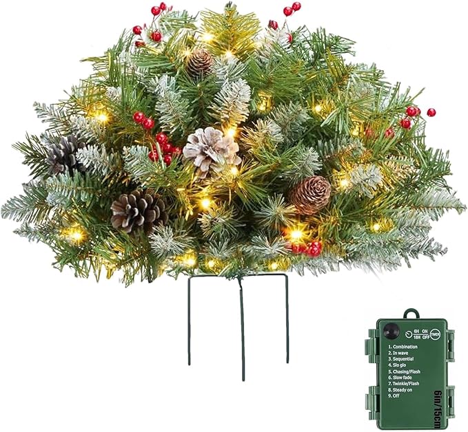 2026 New Christmas Planter Filler,Prelit Planter Bushes,Christmas urn fillers for Outdoor Holiday Planters Decorations,with Tripod Stake LED Lights.(1, White)