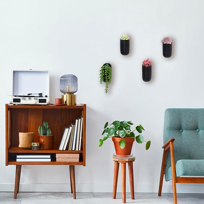MyGift Set of 4 Mini Matte Black Ceramic Indoor Wall Planter, 6 Inch Cylindrical Wall Mounted Hanging Planter Pot for Succulents, Herbs, String of Pearls