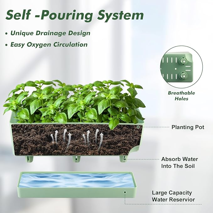 2 Pack Self Watering Pots for Indoor Plants 17 Inches Window Boxes Planters Rectangular Flower Pots Rectangle Herb Pots Large Plant Pots with Drainage Holes and Saucers Windowsill Planter, Green