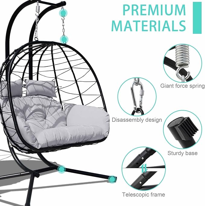 Hanging Egg Chair with Stand Indoor Swinging Chair Outdoor Hammock Egg Chair for Patio, Bedroom, Garden and Balcony (Gray+Black, Large)