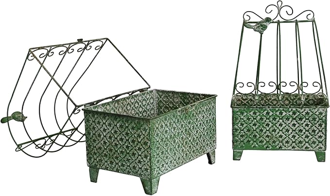 2-Piece Vintage Green Metal Birdcage Planter Set, Decorative Flower Pots with Ornate Design for Indoor Outdoor Garden Decor, Distressed Planters (Green)