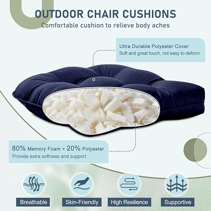 downluxe Outdoor Chair Cushions Set of 4 for Patio Furniture, Waterproof Tufted Overstuffed Patio Furniture Cushions, Thick Outdoor Seat Cushion, 19" X 19" X 5", Navy