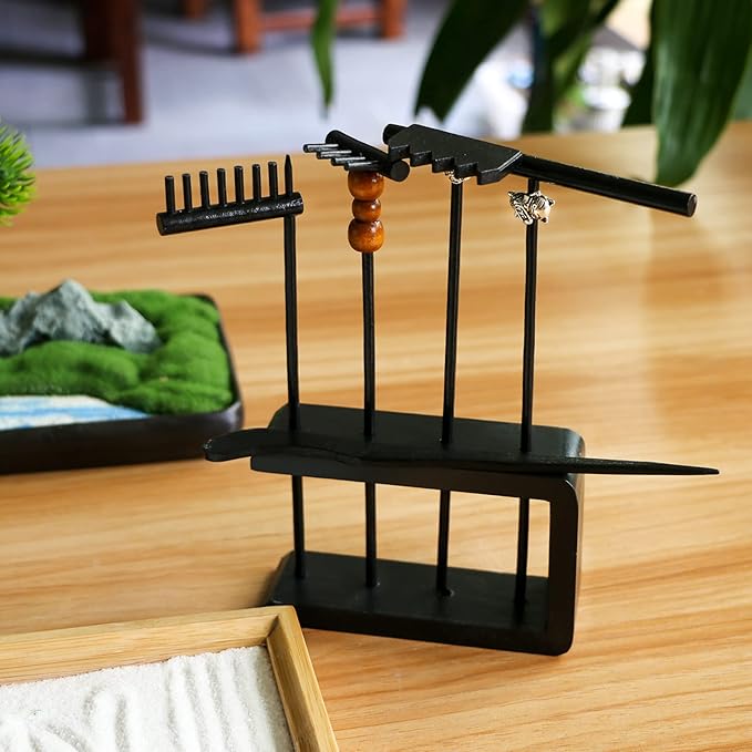 Mini Zen Garden Rake Set - 12 Piece Black Bamboo Sand Rakes with Storage Stand & 6 Crystals - Desktop Meditation Tools for Adults, Stress Relief Zen Gift