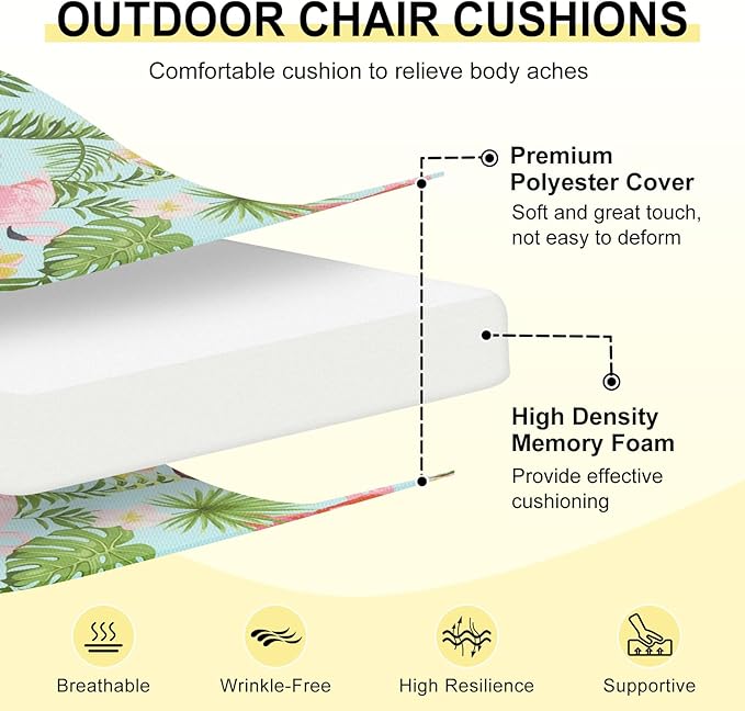downluxe Outdoor Chair Cushions Set of 4 for Patio Furniture, Water-Resistant Square Corner Patio Chair Cushions with Ties, High Density Foam Outdoor Seat Cushion, 18.5" X 16" X 3", Tropical Flamingo