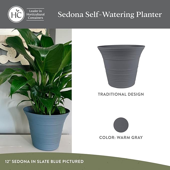The HC Companies 14 Inch Sedona Round Self Watering Planter Pots, Lightweight UV-Resistant Plastic Indoor & Outdoor Planters, 2-Pack Flower Pots for Garden & Home Decor, Warm Gray