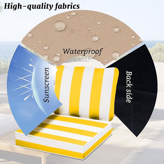 Outdoor Sectional Cushions Replacement Set, 26x26in Patio Furniture Cushions, 14 Pieces Waterproof Outdoor Couch Cushion for 6 Seat Wicker Conversation (Yellow and White Stripes)