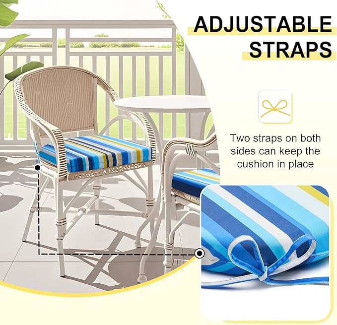 downluxe Outdoor Chair Cushions Set of 4 for Patio Furniture, Water-Resistant Patio Chair Cushions with Ties, High Density Foam Outdoor Seat Cushion, 17" X 16" X 2", Blue Stripes