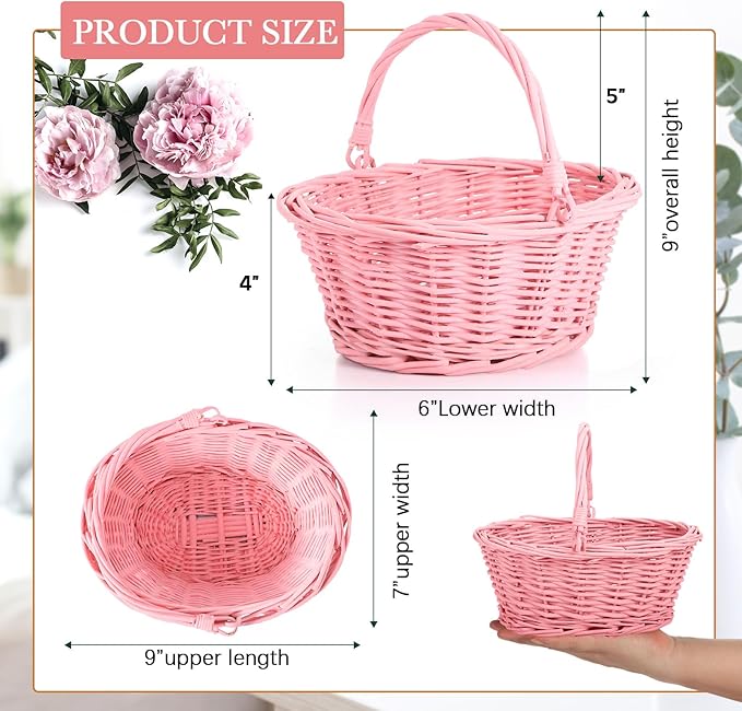 Barydat 6 Pcs Small Wicker Picnic Basket with Handle Flower Girl Baskets Oval Willow Woven Braided Gift Basket for Easter Weddings Baby Shower Home Garden Decor (Pink,9" x 7" x 4")