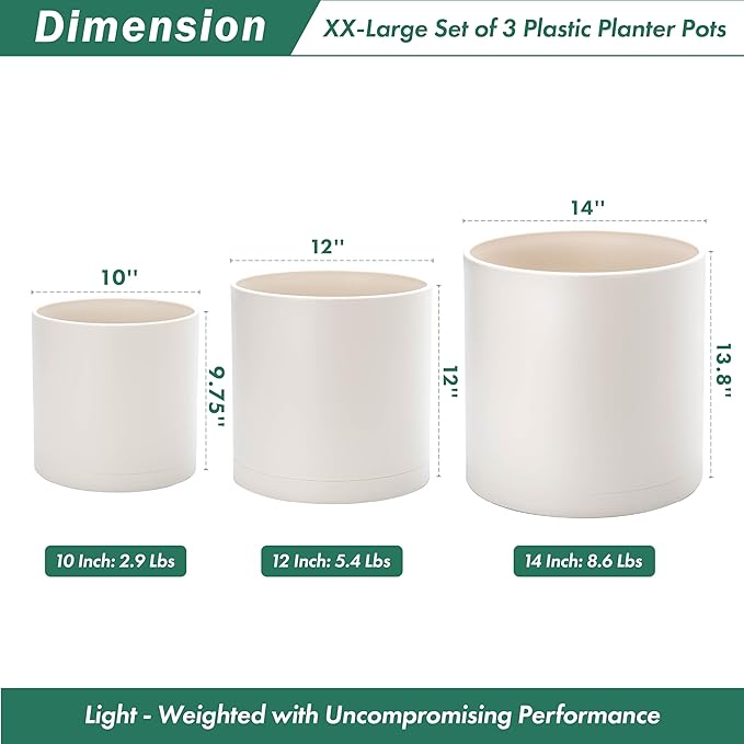 D'vine Dev 10 Inch 12 Inch 14 Inch, Set of 3 Plastic Planter Pots for Plants with Drainage Hole and Seamless Saucers, Oatmeal, XX-Large, 74-V-H-6