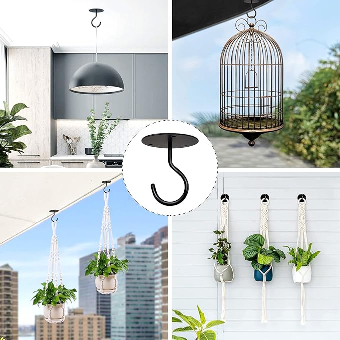 Ceiling Hooks for Hanging Plants, Metal Plant Hooks Wall Mount Hangers for Hanging Plants, Bird Feeders, Wind Chimes, Lanterns, Planters - Outdoor Decoration Hooks (3 Pack) (Black)