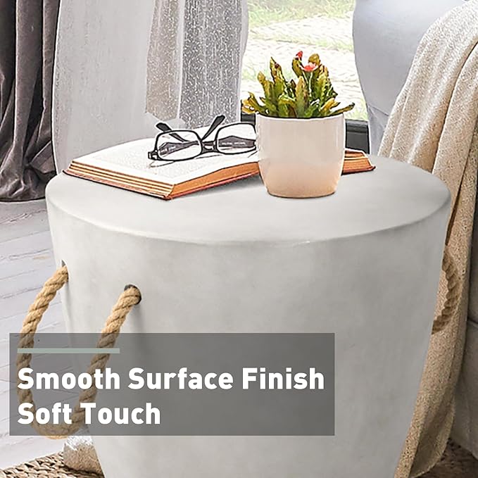SUNBURY Outdoor Side Table Concrete Side Table, 17" H Small Outdoor Side Table End Table for Patio w Hemp Rope, Ceramic Round Coffee Table Accent Table Garden Outdoor Plant Stands