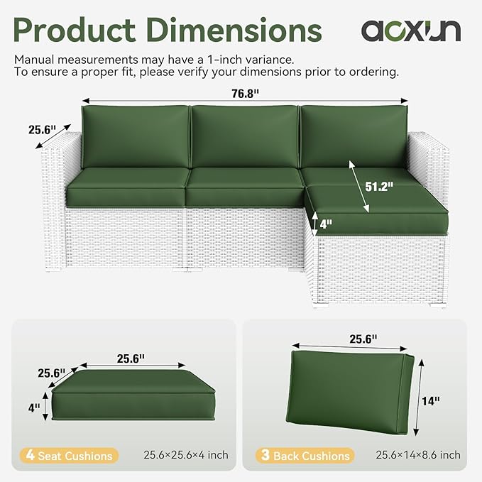 Aoxun Patio Furniture Cushions for Outdoor Furniture Set of 4, Thick Replacement Patio Couch Cushions for Outdoor Furniture, 7-Piece Splashproof Fade Resistant Outdoor Couch Cushions, Green