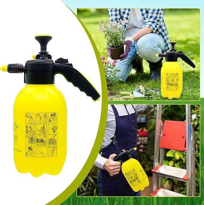 68oz Garden Pump Sprayer, 2L Hand Pressure Sprayer Bottle with Safety Valve, 0.5 Gal Lawn Adjustable Sprayer for Plant Mister Spraying Weeds Home Cleaning Watering (Yellow)