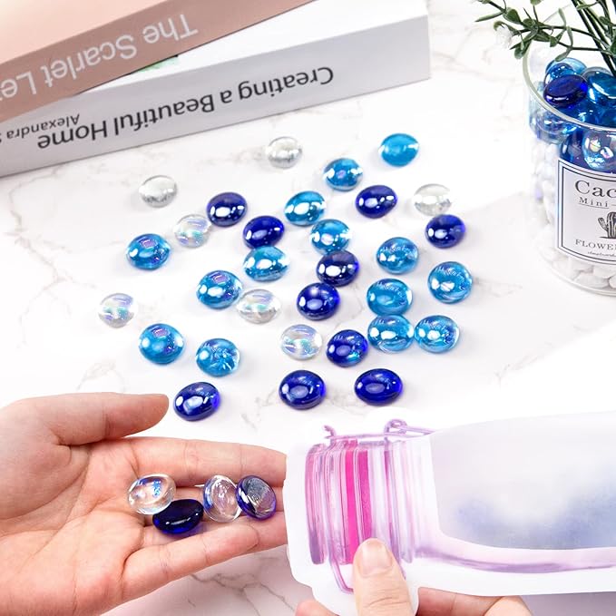 DomeStar 65PCS Iridescent Blue Flat Marbles, Decorative Glass Pebbles Beads Vase Fillers Decorative Fish Tank Aquarium Rocks for Centerpieces Table Decor
