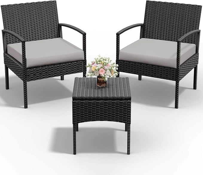 PROHIKER 3 PCS Patio Rattan Conversation Chairs Set, Outdoor Patio Furniture Balcony Furniture Set, Wicker Patio Bistro Set for Garden Porch Balcony Yard, Gray