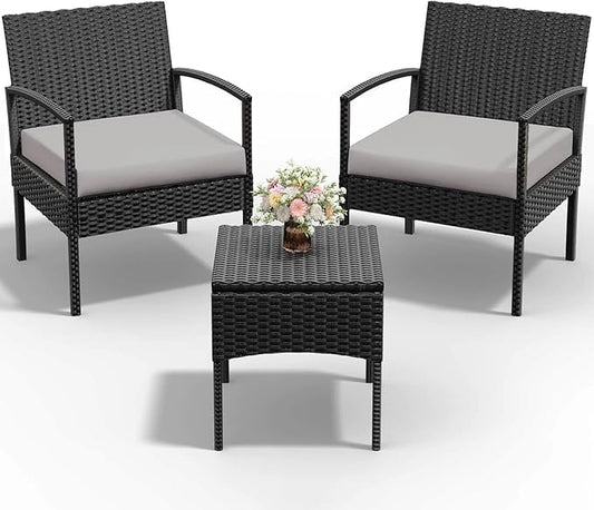 PROHIKER 3 PCS Patio Rattan Conversation Chairs Set, Outdoor Patio Furniture Balcony Furniture Set, Wicker Patio Bistro Set for Garden Porch Balcony Yard, Gray