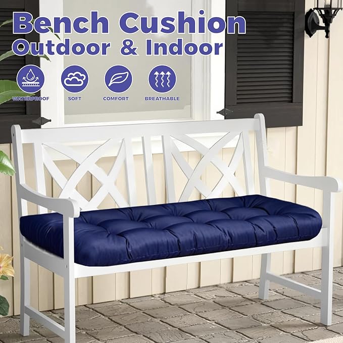 Thick Bench Cushions for Indoor Furniture with Ties Non-Slip Tufted Waterproof Black Bench Cushions for Porch Swing Shoe Storage Window Seat,51x 20