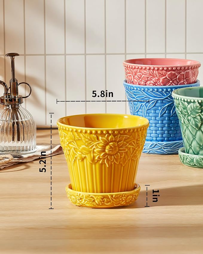 Ceramic Plant Pots, 5.8 Inch Flower Pots for Indoor Plants, Planters with Drainage Hole & Saucer, Garden Planters for Succulent, Orchid, Cactus, Home Decor, Set of 4, Assorted Colors