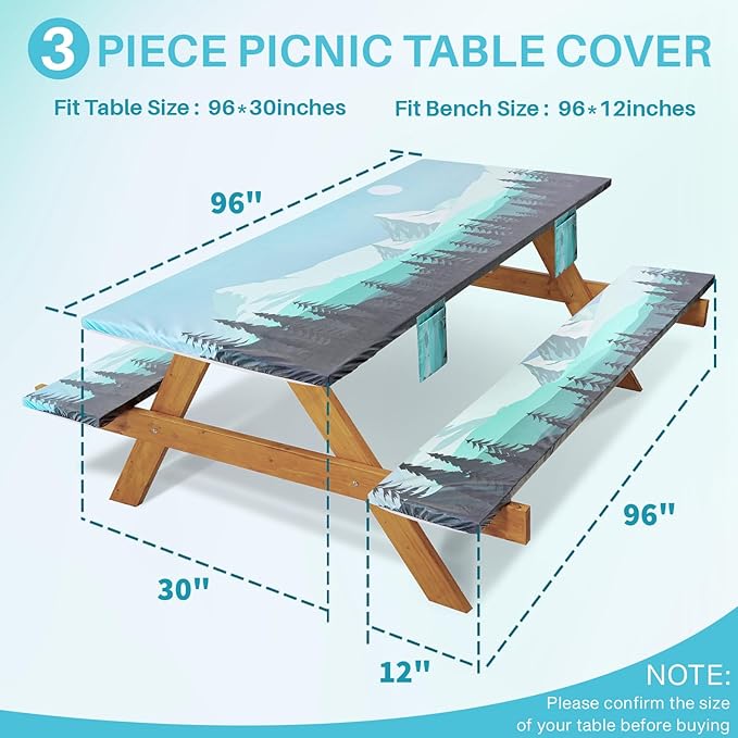 Fitted Picnic Table Cover with Bench Covers Elastic Water Proof Outdoor Camping Tablecloth for 8 Foot Rectangle Tables Roadtrip Summer Organization Rv Car Essential Holiday Gifts for Campers