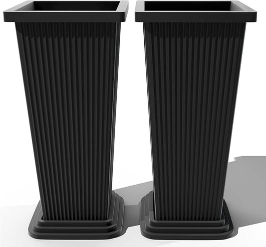 FENCY Set of 2 Tall Planters for Outdoor Plants, 24 Inch Large Tapered Pots with Drainage Trays, Weather-Resistant Plastic Plant Containers for Patio, Porch, Garden, Front Door Decor,Black,Striped