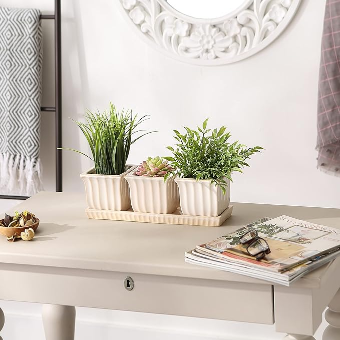 Accent Plus White Square Ceramic Small Planter (Set of 3)